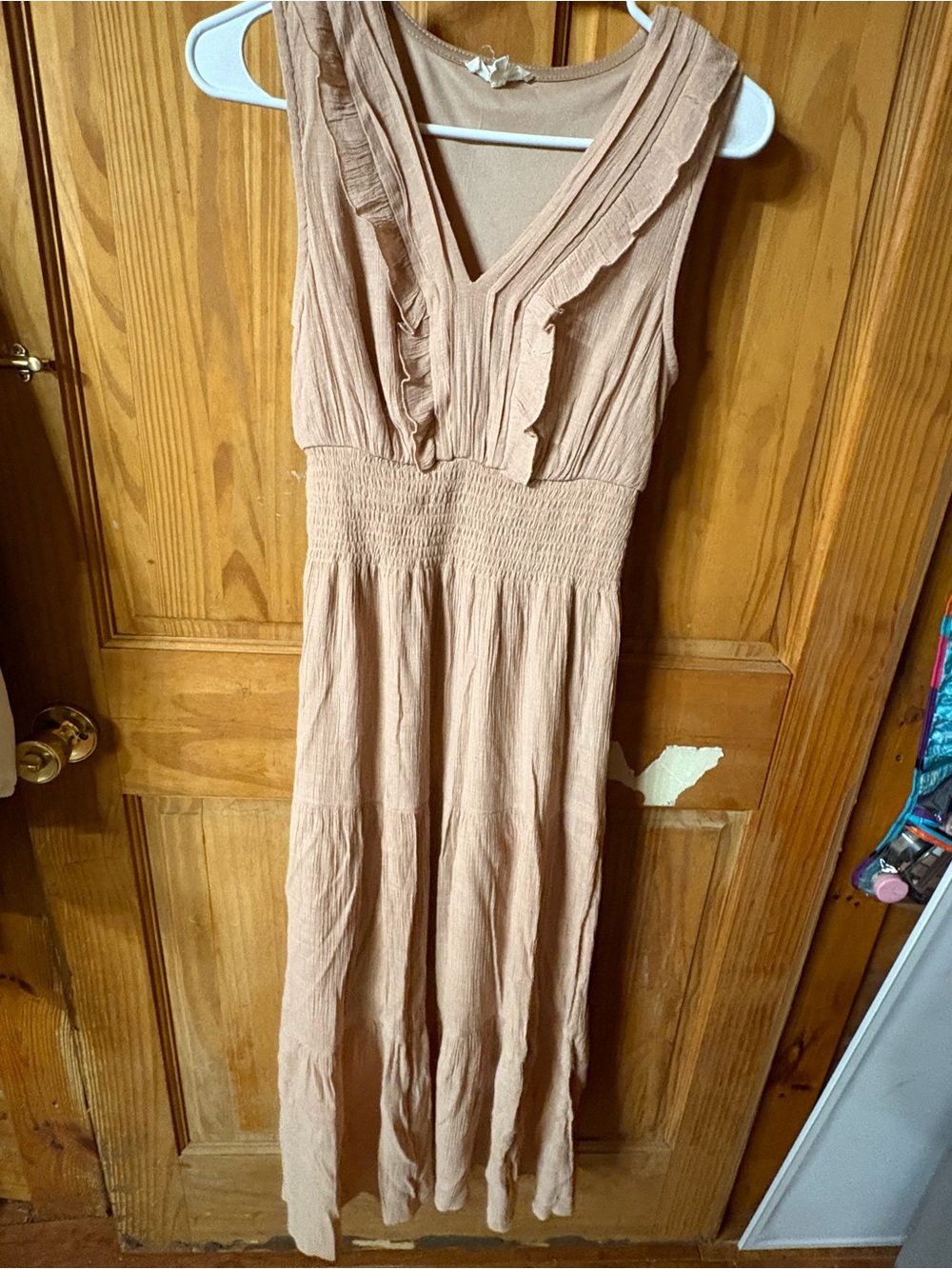 Ruffled V-Neck Maxi Dress in Mauve-Tan
